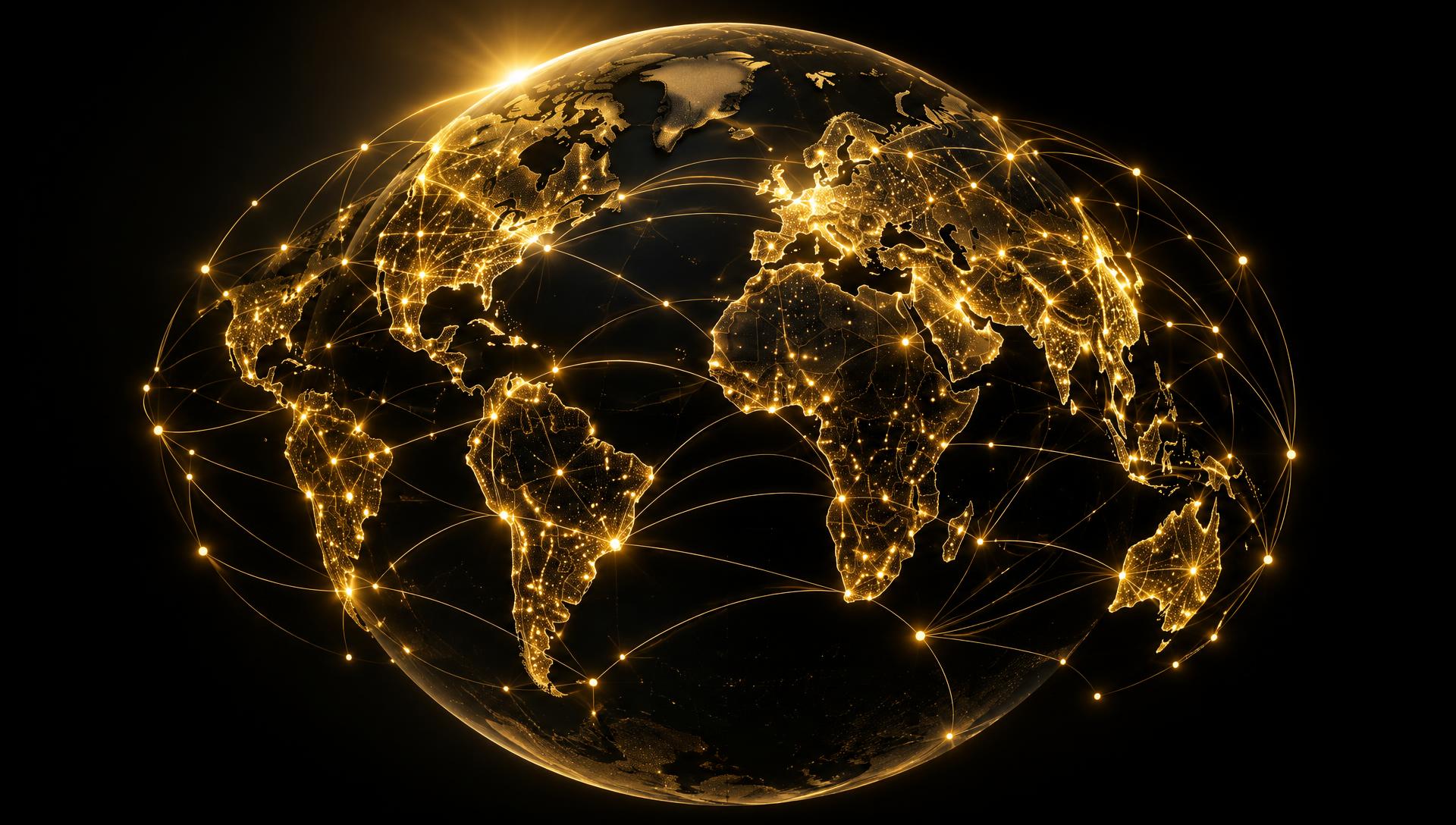 Globo dourado conectando nações